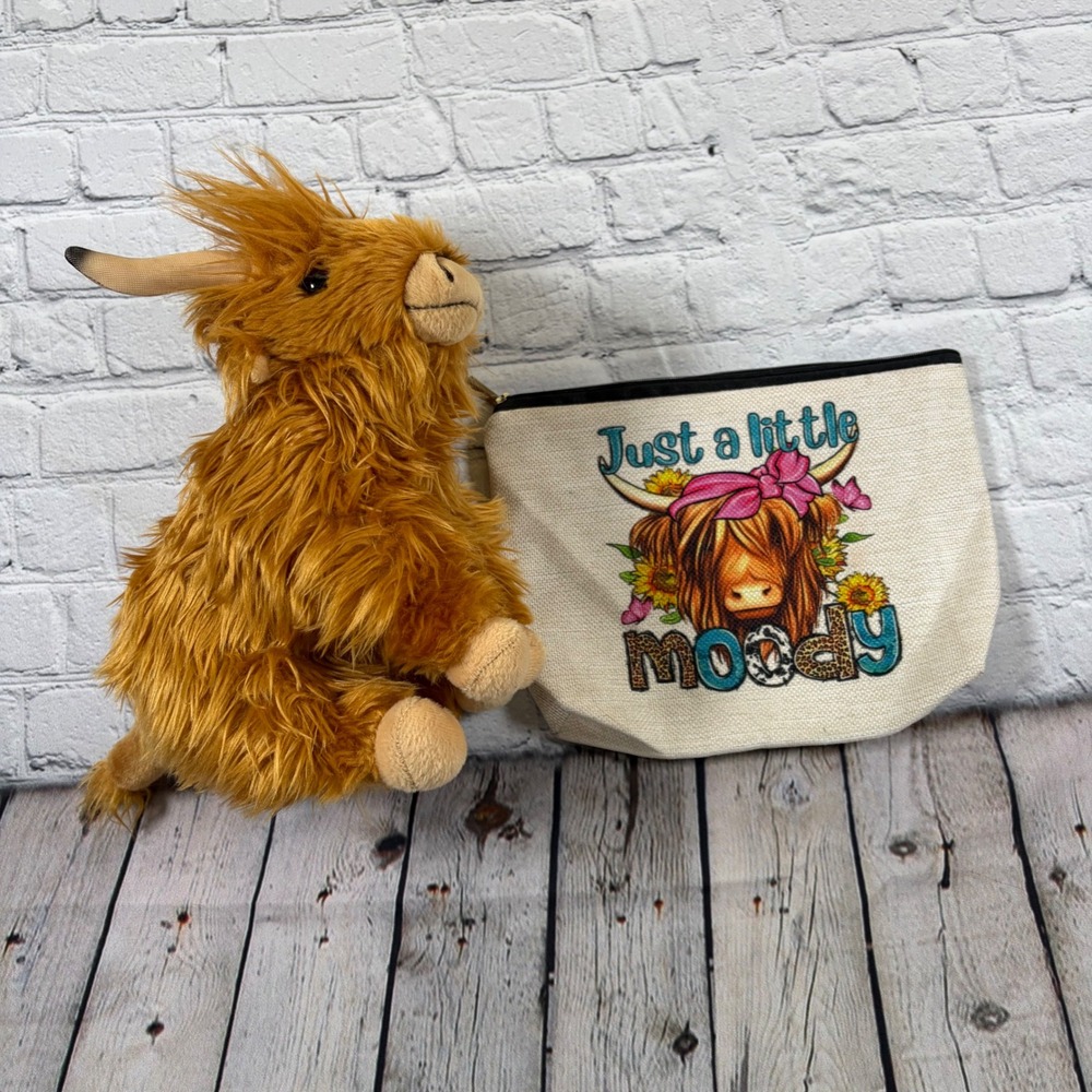 Living Nature Highland Cow Plush and Just a Little Moody Pouch Set Brown